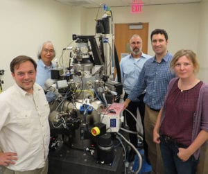 Shown with the Zeiss ORION NanoFab are, from left, Paul Hosemann, Paul Lum, Harry Stark, Andrew Minor, and Frances Allen.