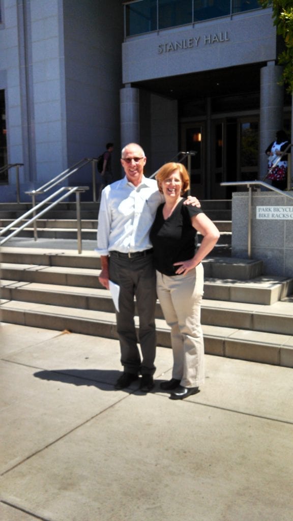 Harry Stark and Susan Marqusee stand in front of Stanley Hall on the UC Berkeley campus. 