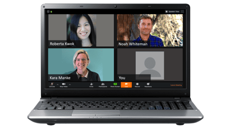 Three headshots on a laptop screen showing a Zoom meeting.