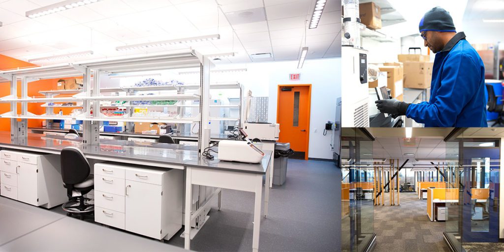 Left: One of five open lab spaces in the building equipped with shared equipment and lab benches; Top right: A member of Glyphic Biotechnologies working on lab samples. The startup is one of the first companies to move into BBH; bottom right: additional office and meeting space for Bakar Labs tenants that was added to the building’s original floor plan. (Photos by Brittany Hosea-Small)