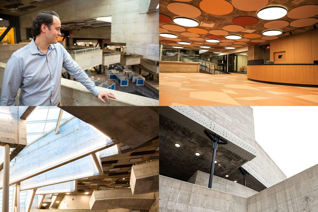 Kevin Koblik, top left, looks down from a balcony in the building. Top right: front lobby entrance; bottom left: skylit ceiling brings natural light into the building; bottom right: view of the building from an outdoor community space. The terrace is held up by a black brace system. (Photos by Brittany Hosea-Small; top and bottom left, and UC Berkeley photos by Sofia Liashcheva; top and bottom right)