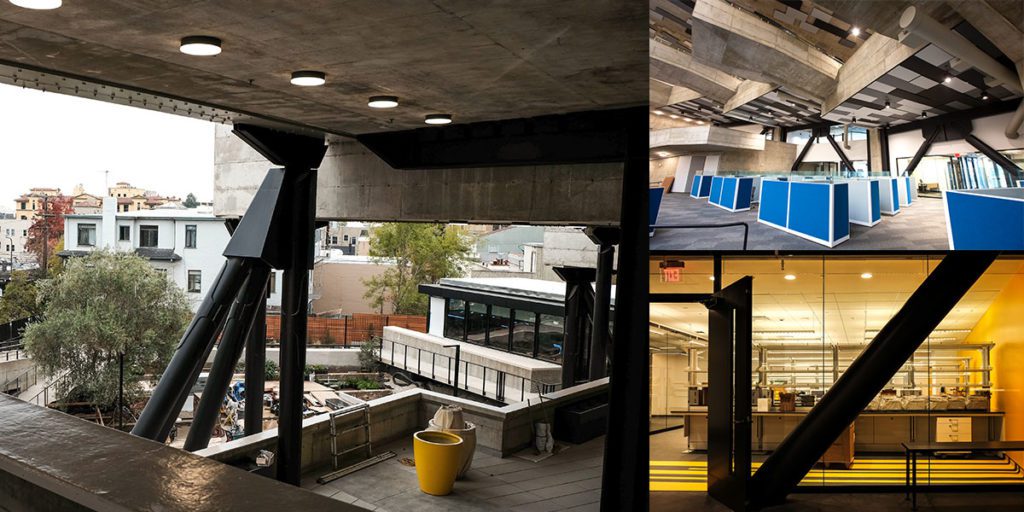Left: Black steel brace frames under one of the building’s outdoor terraces; top right: a series of braces installed outside meeting rooms and near office space; bottom right: A retrofit brace directly outside of a second floor lab space. (UC Berkeley photos by Sofia Liashcheva)