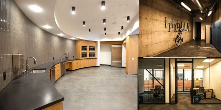 Left: Kitchenette; top right: bike rack and lockers; bottom right: shared meeting space. (Photo by Brittany Hosea-Small, left; and UC Berkeley photos by Sofia Liashcheva, right)