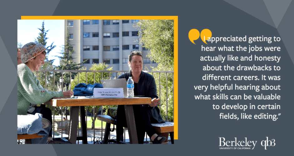 Photo of Katja from PIR event with quote reading, "I appreciated getting to hear what the jobs were actually like and honesty about the drawbacks to different careers. It was very helpful hearing about what skills can be valuable to develop in certain fields, like editing."
