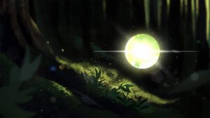 An illustration of a glowing orb of light near a shadowed forest floor, with small leaves illuminated by the orb.