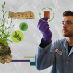 Collage of biotal, a hand holding a plant, and a researcher holding up a recyclable plastic.