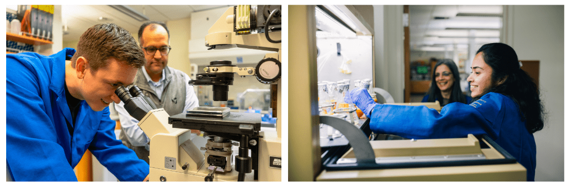 Collage image: Student looks into a microscope as lab instructor watches (left), Student places beakers into vent as lab instructor watches (right)