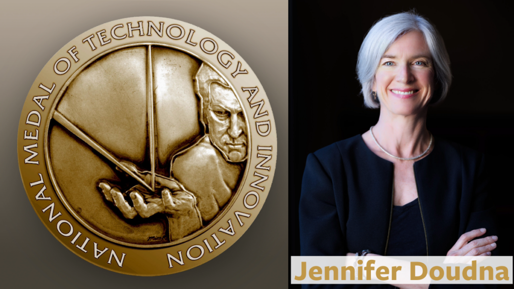 A side-by-side of Jennifer Doudna and the National Medal of Technology and Innovation. 