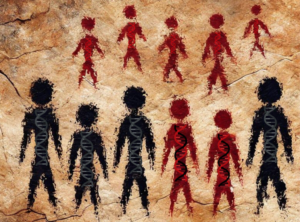 Scribbled images of human stick-figure silhouettes to represent early Neanderthals on a rocky wall. Cave art painting.